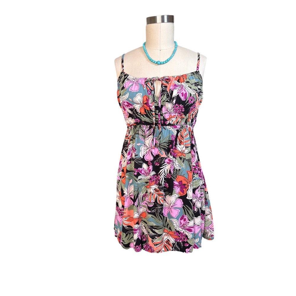 Boho Tropical Roxy Sundress Floral Keyhole Empire Waist Mini Large Multicolor